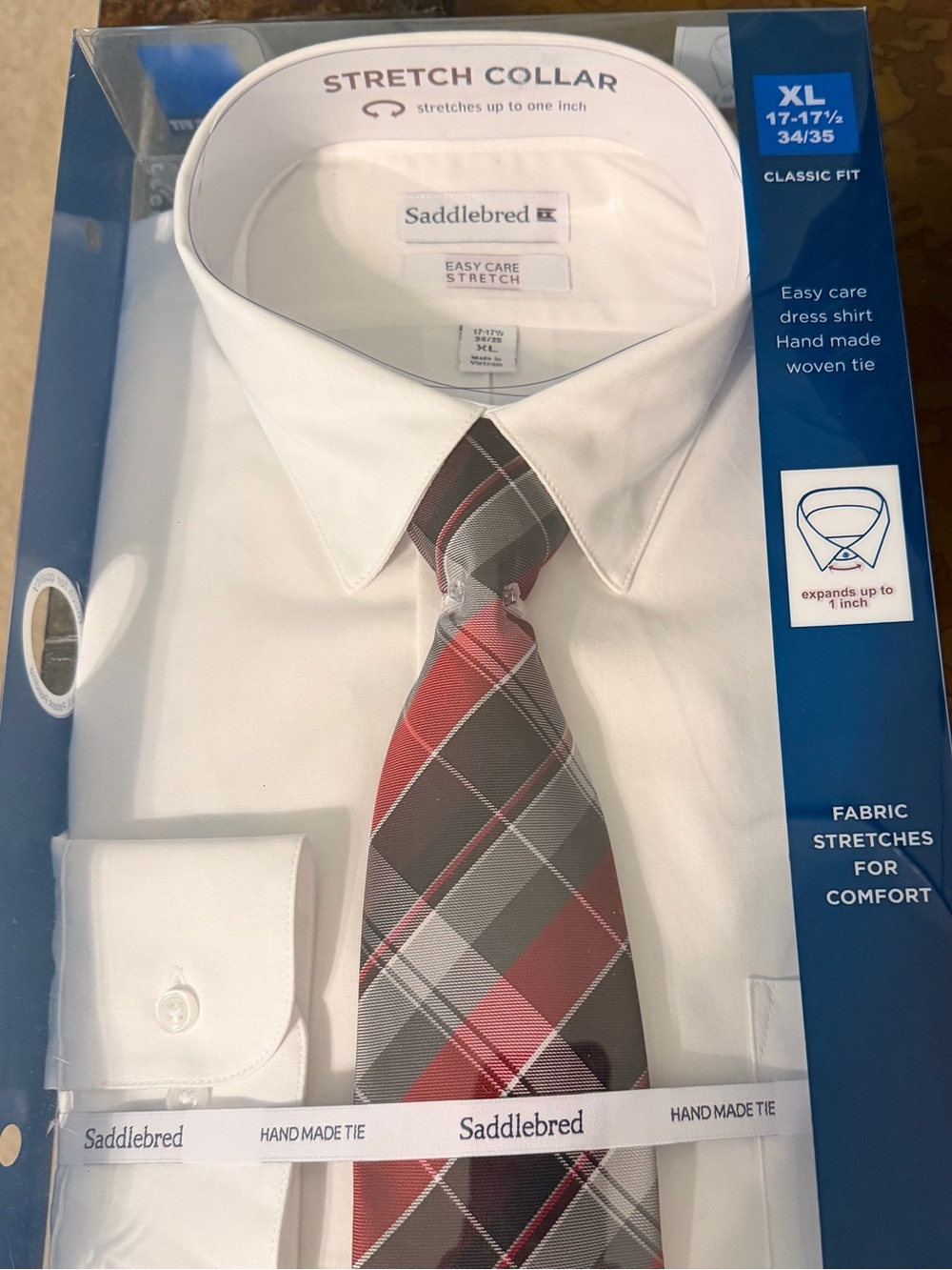 Saddlebred White Dress Shirt with Red and Gray Plaid Tie - XL